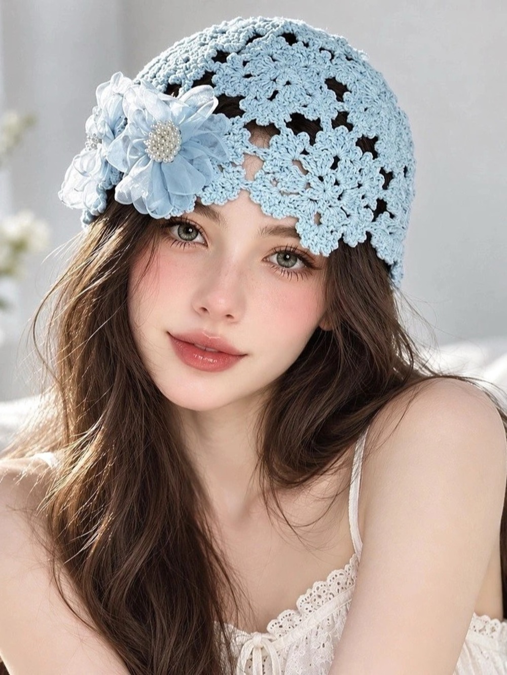 Cute Light Blue Crochet Beanie Hat Floral Pearl Accent Women’s Boho Gift